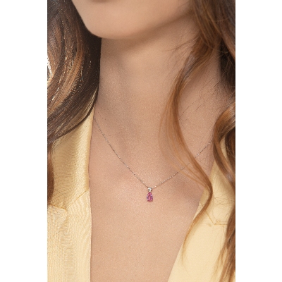 18k white gold necklace with pink sapphire pear cut and diamond