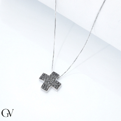 18k white gold cross pendant with black diamonds pavè