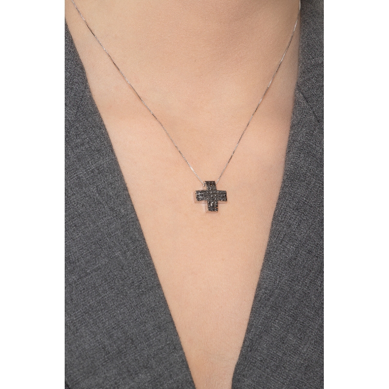 18k white gold cross pendant with black diamonds pavè