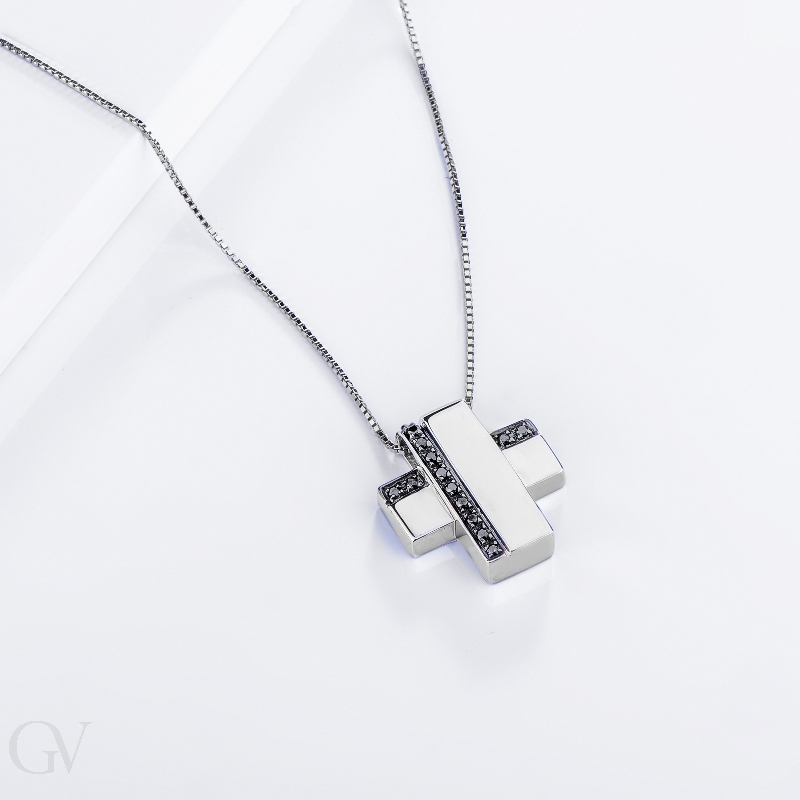 Men cross pendant with black diamonds in 18k white gold