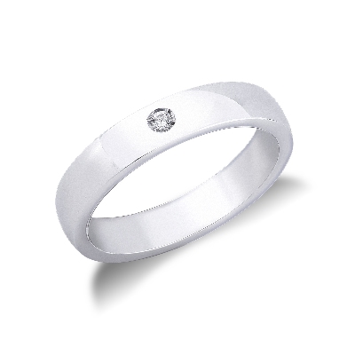 18k white gold wedding band with round cut diamond