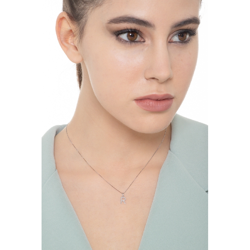 Letter R pendant with diamonds in white gold 18k