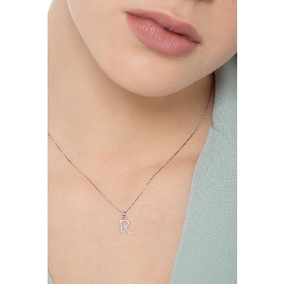 Letter R pendant with diamonds in white gold 18k