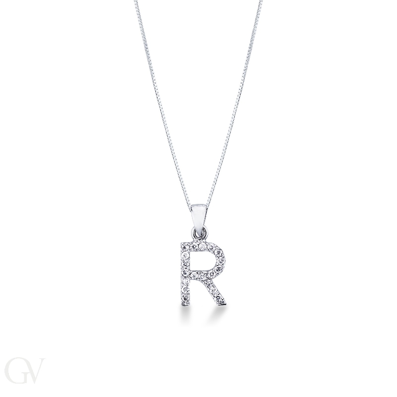 Letter R pendant with diamonds in white gold 18k