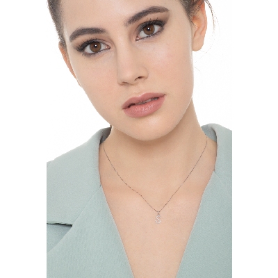 Collana lettera S in oro bianco 18k con diamanti, cm 0,80