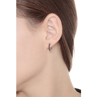 White gold 18k hoop earrings with black diamonds, 13 mm diameter 
