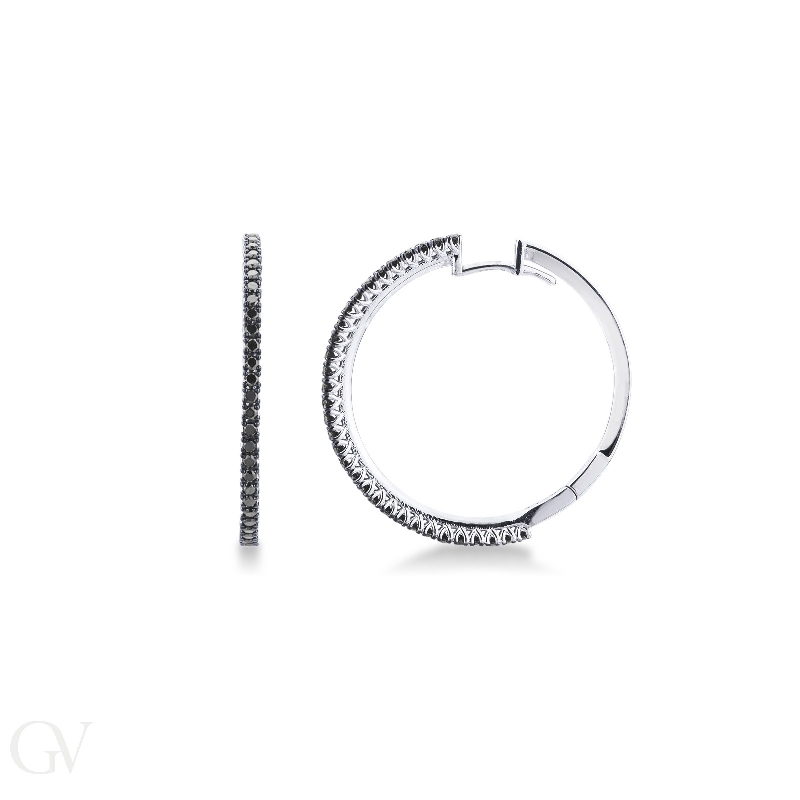 18k white gold hoop earrings with black diamonds, 3 cm diameter 