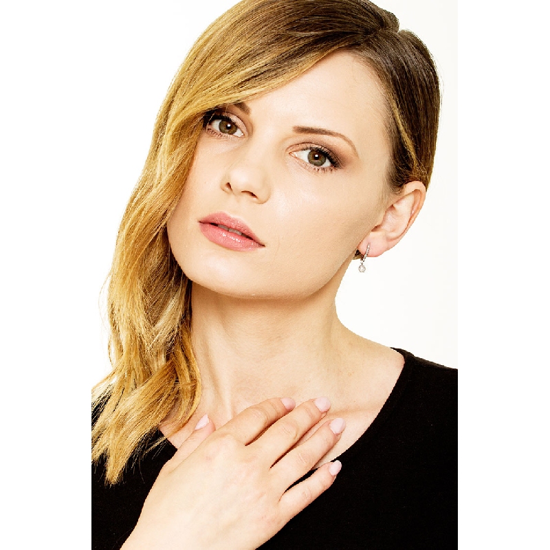 18k white gold hoops with round pendants and diamonds 