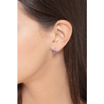 18k white gold earrings with heart cut amethysts and round cut diamonds