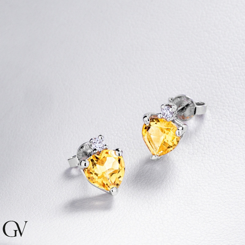 18k white gold earrings with heart cut citrine and round cut diamonds