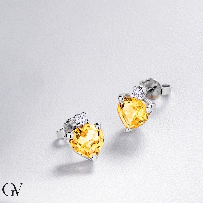 18k white gold earrings with heart cut citrine and round cut diamonds