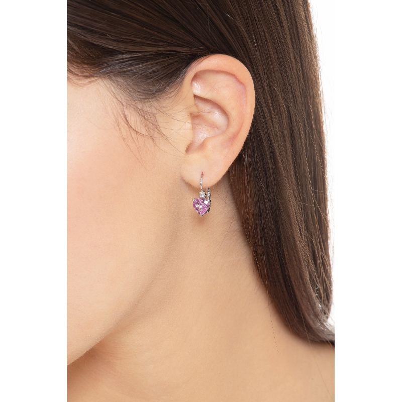 Orecchini a monachella in oro bianco 18k con zaffiri rosa taglio cuore e diamanti