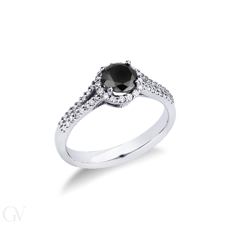 Solitaire type ring with black central diamond and halo and shoulder set diamonds 