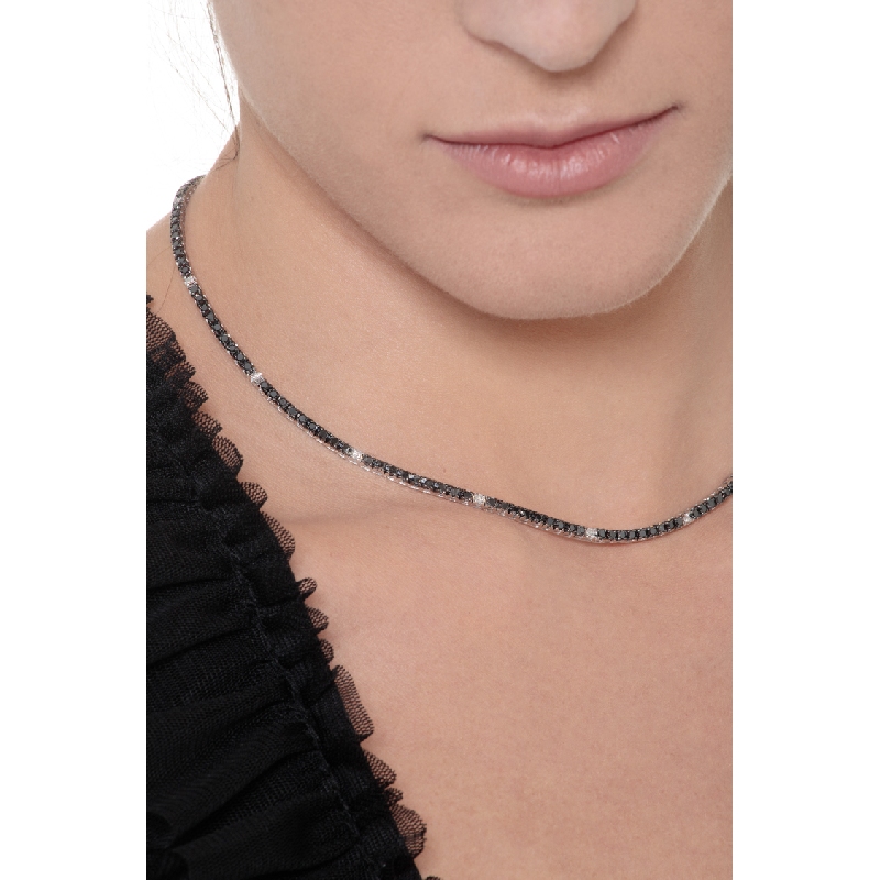18k white gold tennis necklace with diamonds and black diamonds