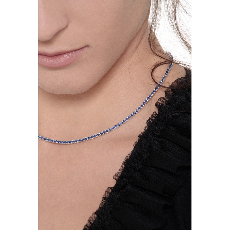 18k white gold tennis necklace with blue sapphires