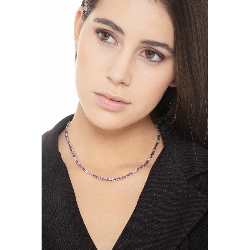 Diamond and ruby tennis necklace in 18k white gold 
