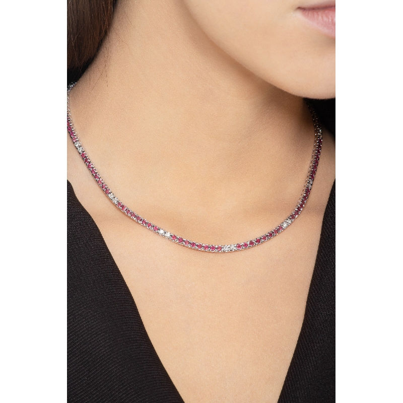 Diamond and ruby tennis necklace in 18k white gold 