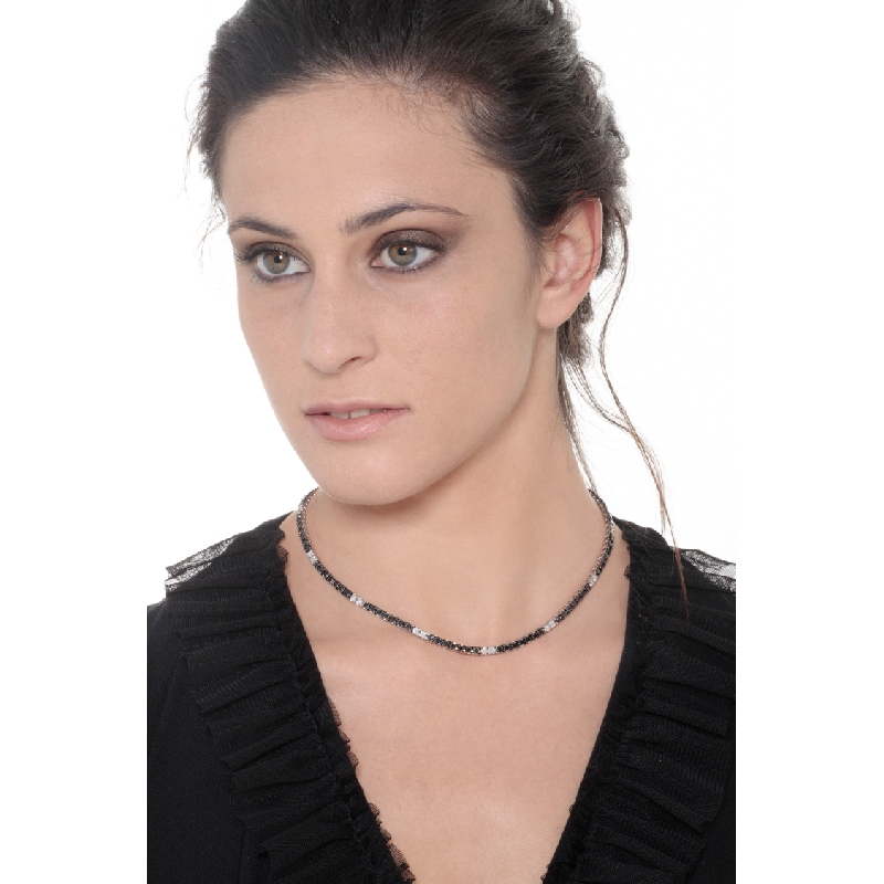 White and black diamond tennis necklace in 18k white gold