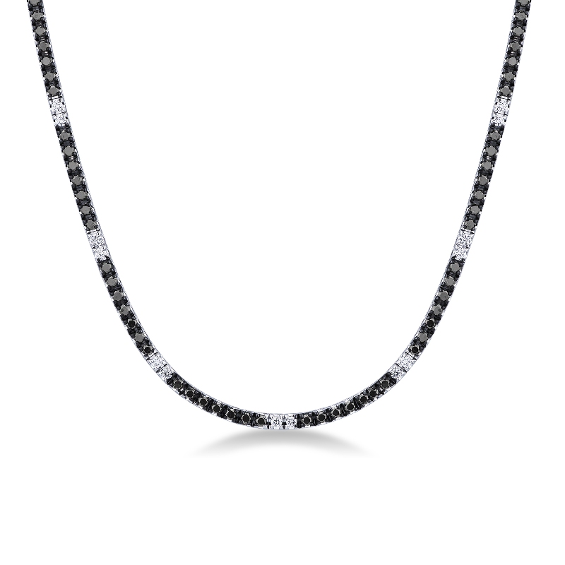 White and black diamond tennis necklace in 18k white gold