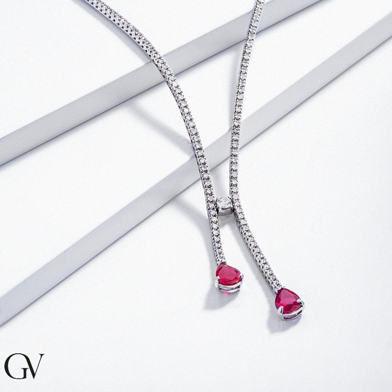 Fantasy tennis necklace with diamonds and 2 drop cut rubies