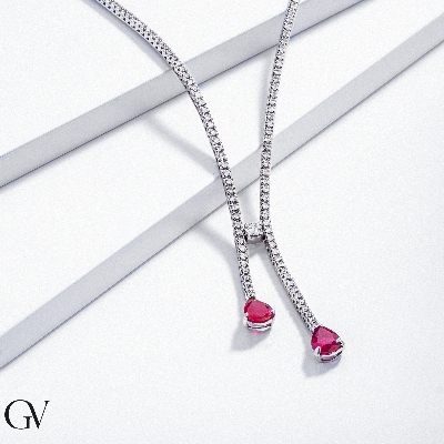 Fantasy tennis necklace with diamonds and 2 drop cut rubies