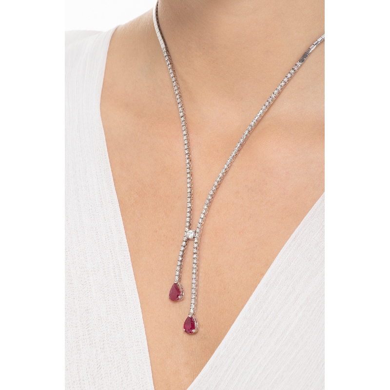 Fantasy tennis necklace with diamonds and 2 drop cut rubies