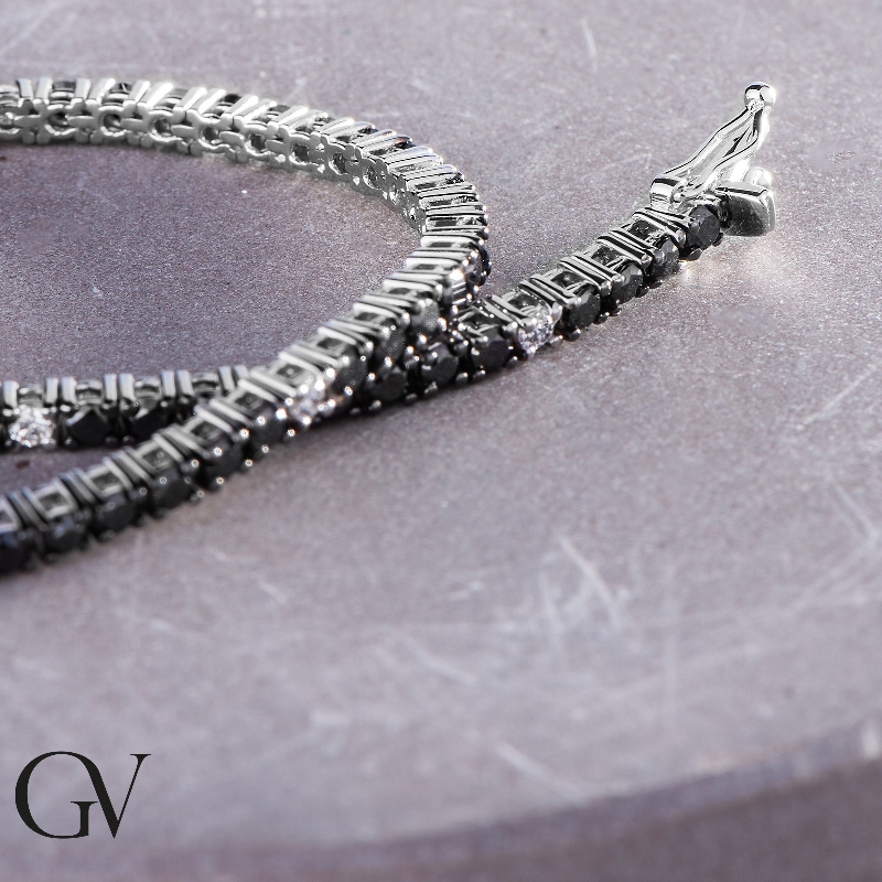 Wire tennis bracelet with black and white diamonds