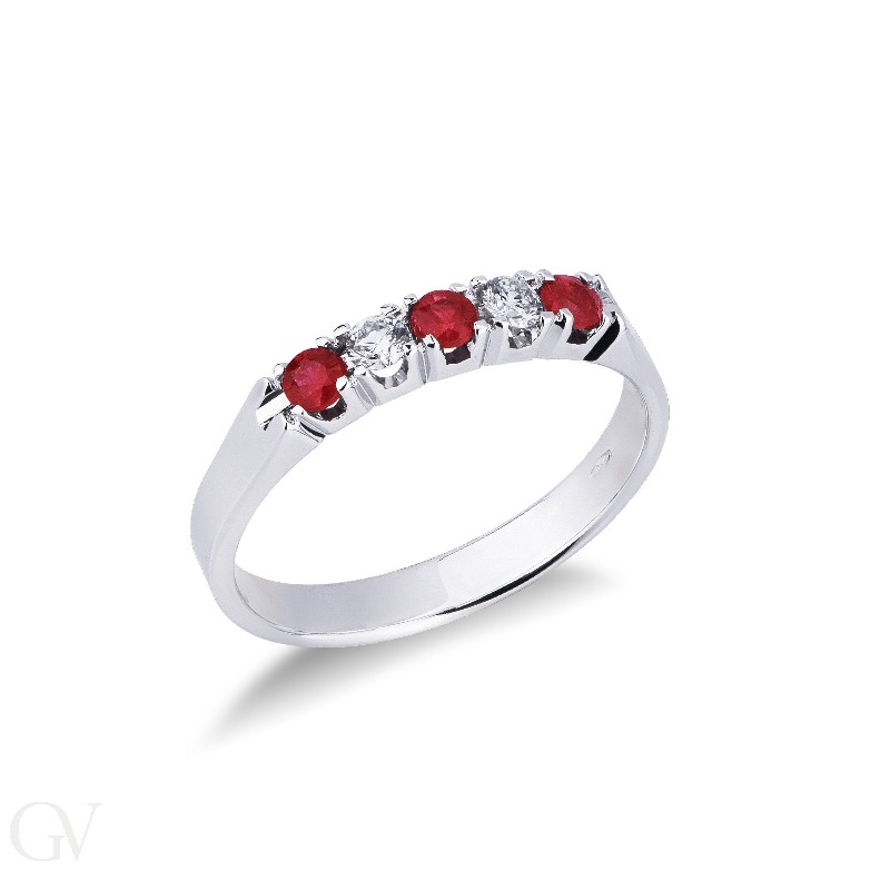 White gold 18k 5 stones half eternity ring with diamonds and rubies 