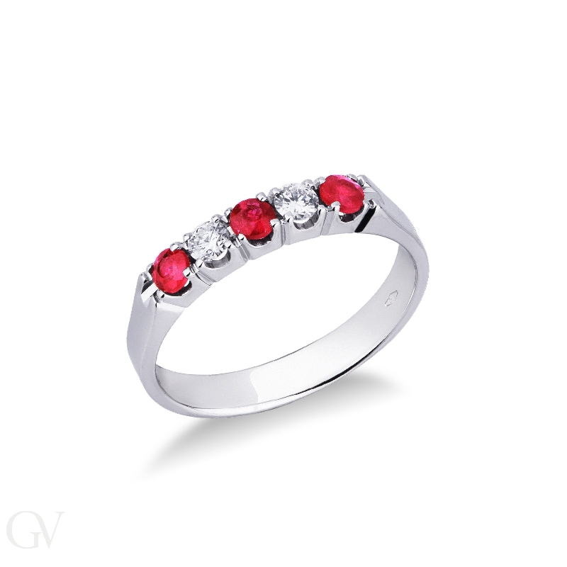 5 stones ring with diamonds and rubies in white gold 18k 