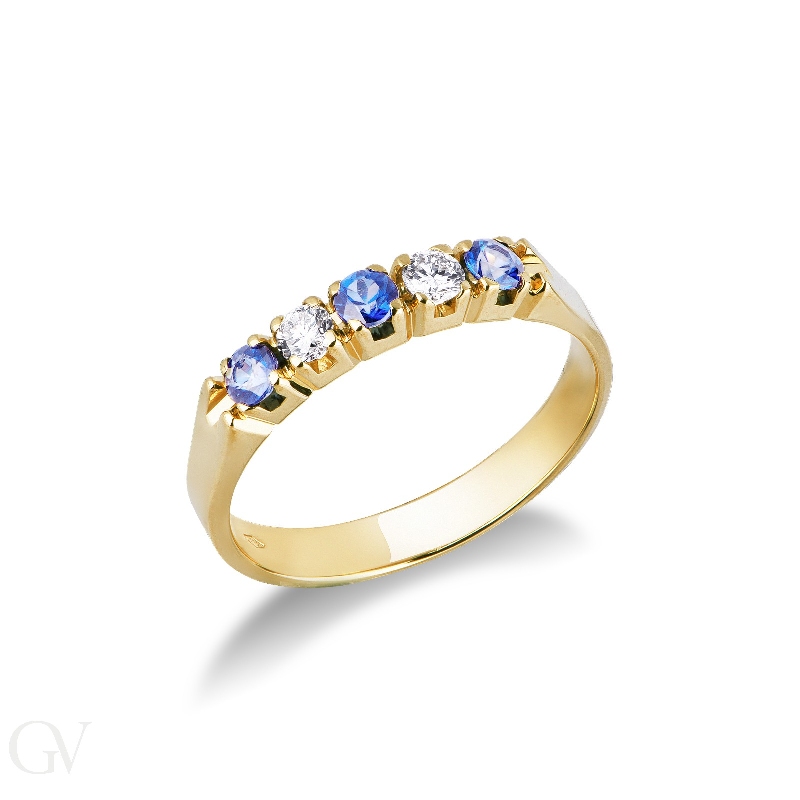 Yellow gold 18k 5 stones ring with blue sapphires and diamonds 