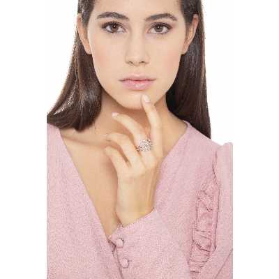 Oval mesh groumette ring in white gold 18k with diamonds 