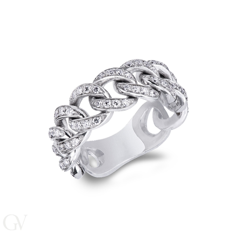 18k white gold groumette ring with diamonds-set links 