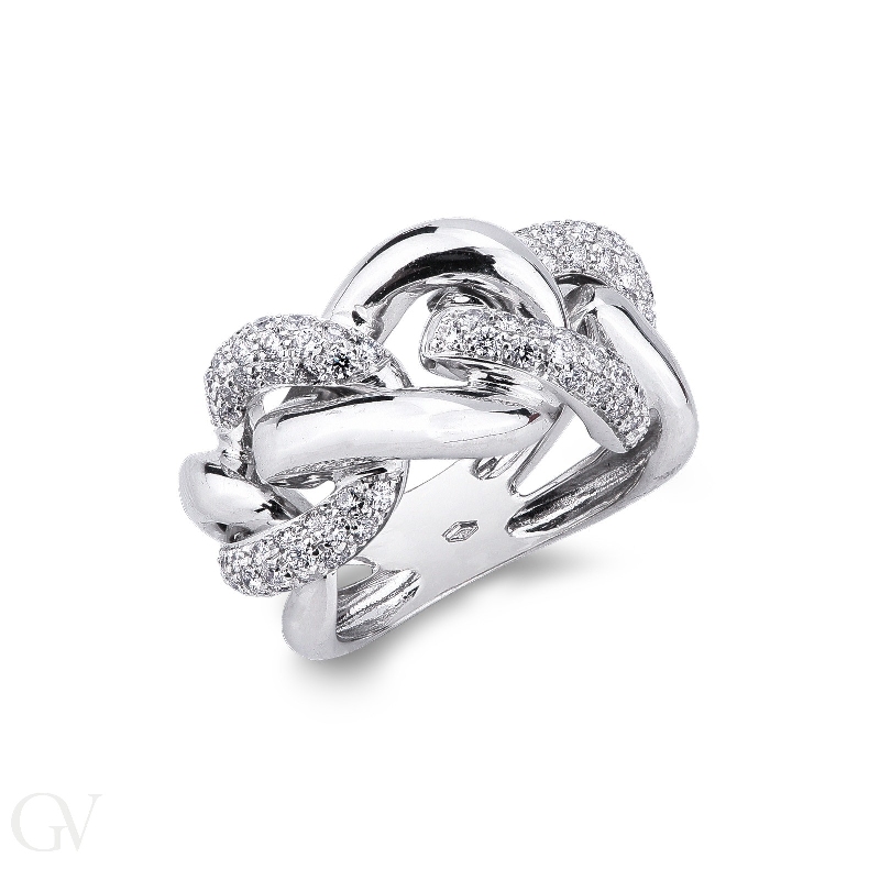 18k white gold groumette ring with two diamonds-set links 