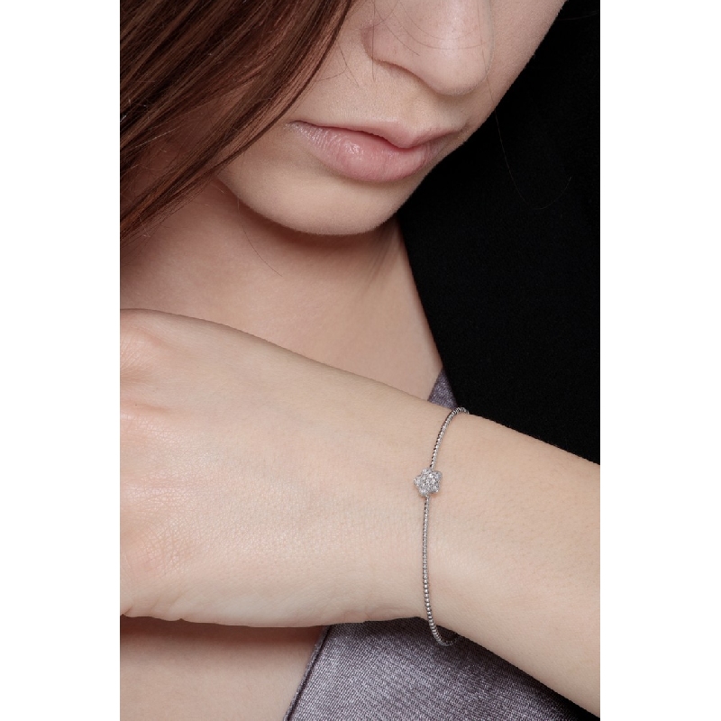 18k white gold rigid bracelet with spheres and flower with diamonds