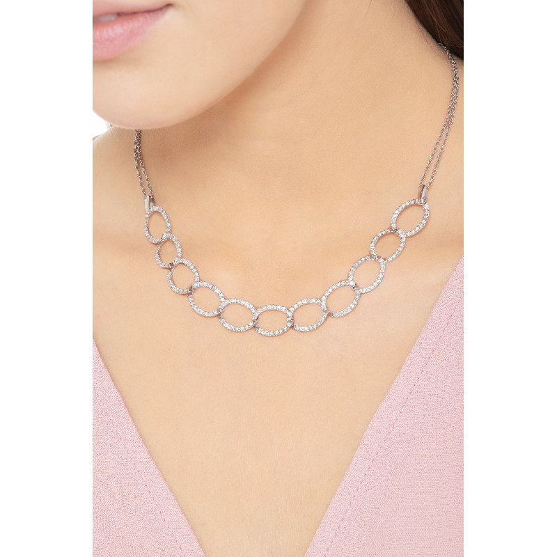 Girocollo a maglie ovali tipo groumette in oro bianco 18k con diamanti