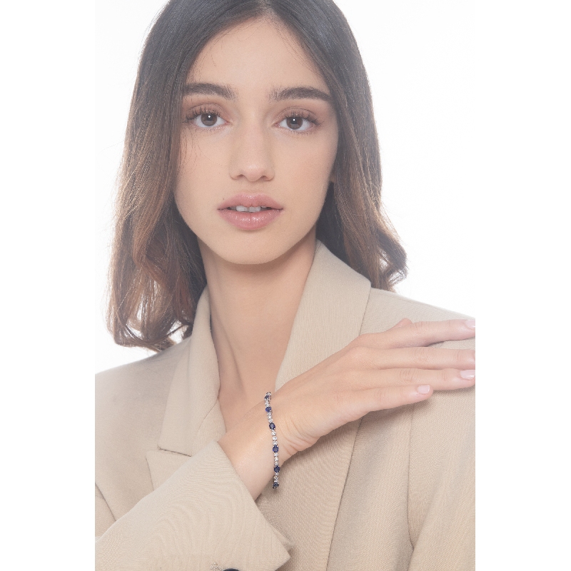 Bracciale alternato in oro bianco 18k con 12 zaffiri blu ovali e 36 diamanti, cm 18