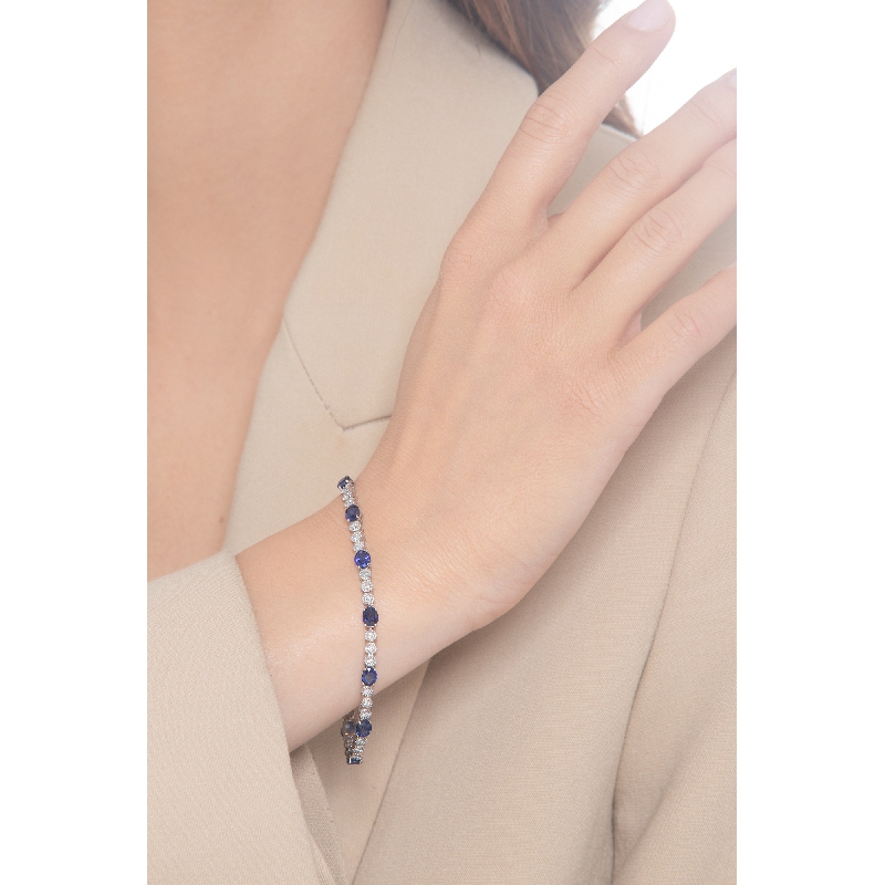 Bracciale alternato in oro bianco 18k con 12 zaffiri blu ovali e 36 diamanti, cm 18