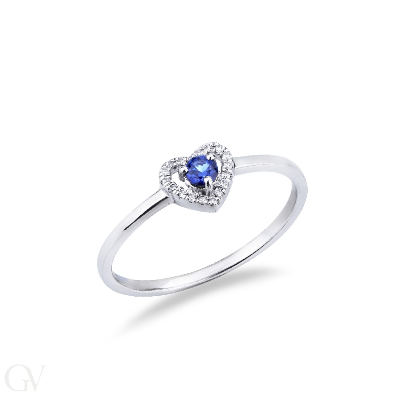 Ring in white gold 18k with diamonds heart and central blue sapphire