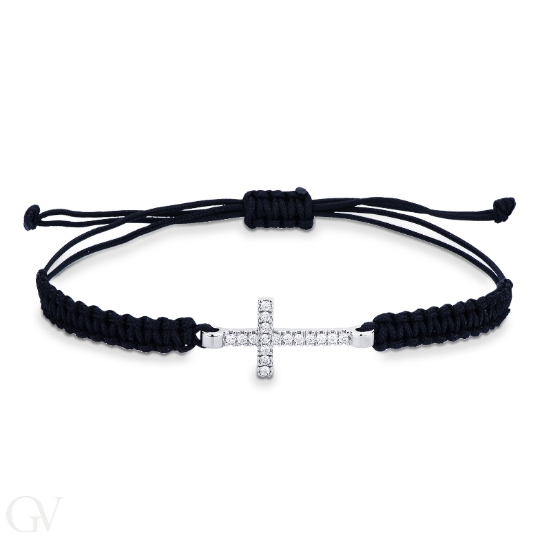 Black tissue bracelet with cross in white gold 18k and diamonds 