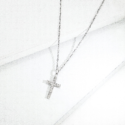 18k white gold necklace with cross charm with diamonds, rolò chain, 45+5 cm