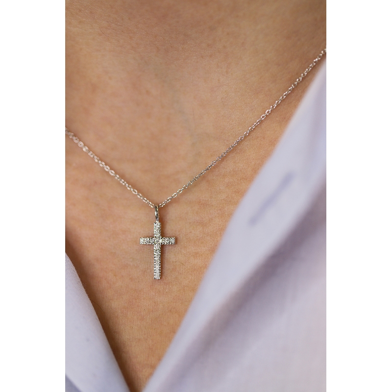 18k white gold necklace with cross charm with diamonds, rolò chain, 45+5 cm