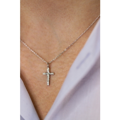 18k white gold necklace with cross charm with diamonds, rolò chain, 45+5 cm