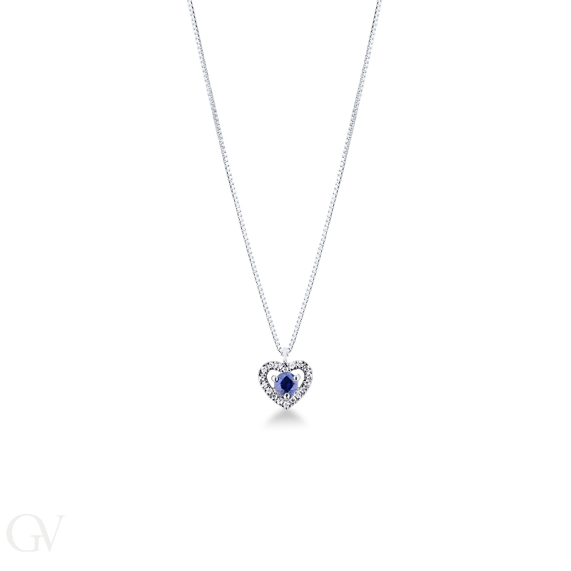 Necklace with heart charm in white gold 18k with blue sapphire and diamond