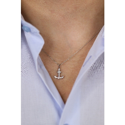18k white gold necklace with anchor pendant in diamonds, rolò chain, 45+5 cm