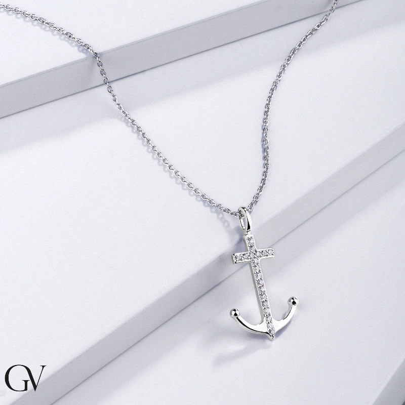 18k white gold necklace with anchor charm in diamonds, 45+5 cm