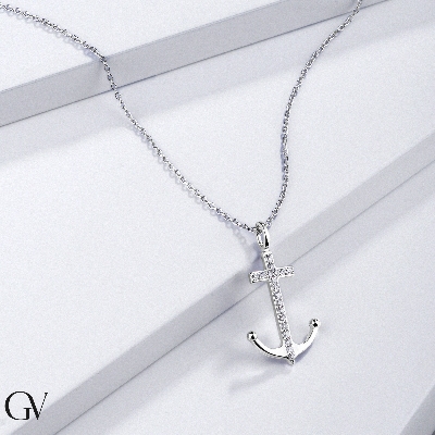 18k white gold necklace with anchor charm in diamonds, 45+5 cm