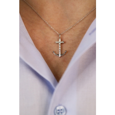 18k white gold necklace with anchor charm in diamonds, 45+5 cm