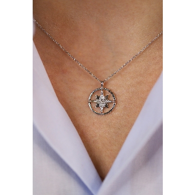 Necklace in white gold 18k with rolò chain and wind rose chain with diamonds, 45+5 cm