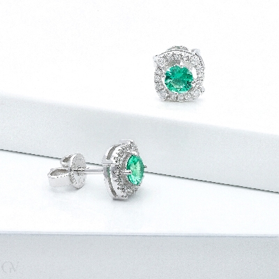 Earrings in white gold 18k with central emerald and diamonds