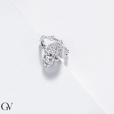 Anello teschio in oro bianco 18k con diamanti bianchi e neri